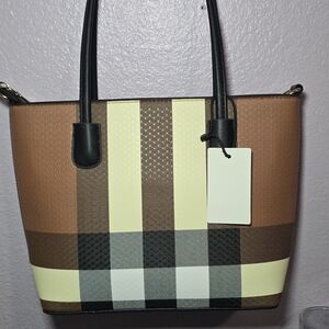 Brown Plaid Tote Bag with Black Handles